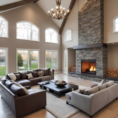 Luxurious interior design living room and fireplace in a beautiful house