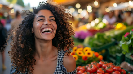 Mulher sorrindo em mercado cheio de produtos frescos e flores visto com lente 50mm em closeup - obrazy, fototapety, plakaty