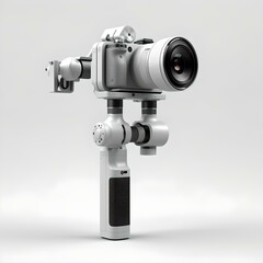 Modern white gimbal stabilized camera system on a neutral background