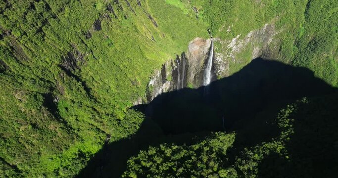 Trou de Fer waterfalls iconic location in Reunion island, aerial view by drone