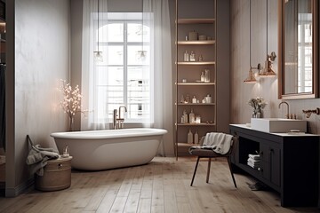 Fototapeta na wymiar Rose Gold Chic: Scandinavian Style Bathroom with Wooden Floors