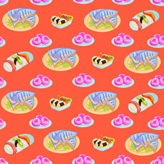Beautiful Classic Japanese Seamless Pattern, food vector illustration.