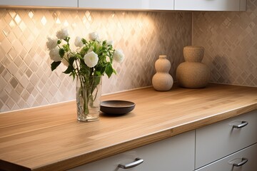 Fototapeta na wymiar Chic Scandinavian Kitchen: Mosaic Tile Backsplash, Wooden Countertop, Contemporary Design
