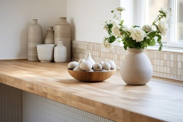 Chic Scandinavian Design Kitchen: Contemporary Touch with Mosaic Tile Backsplash and Wooden Countertop