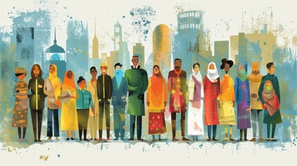 Naklejka premium Multicultural team embracing diversity: illustration of people from various nationalities promoting inclusion at work