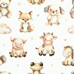 Cute seamless pattern with watercolor pet animals.