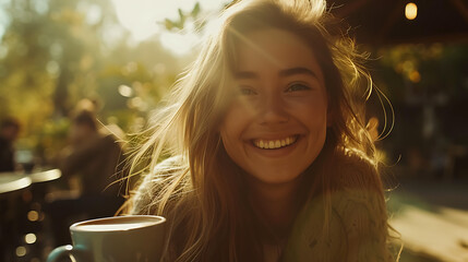 Jovem mulher sorridente aproveitando café ao ar livre sob luz filtrada pelas árvores criando sombras pintadas - obrazy, fototapety, plakaty