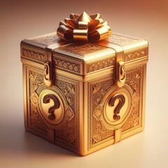 Gold gift box with a bow and question mark. 3d rendering. Giveaway winner concept