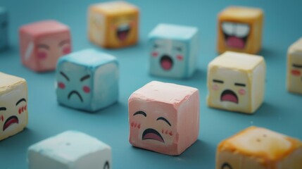 cubist emotions: diverse expressions on blue background - empathy and emotional intelligence concept