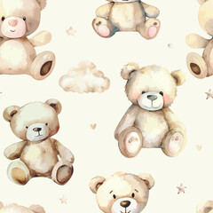 Seamless watercolor Teddy Bear pattern with pastel background color.