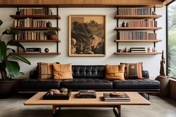 Chic Mid-Century Sunken Room with Leather Sofa, Wooden Shelf, and Art Poster Wall