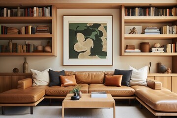 Mid-Century Chic: Sunken Room with Leather Sofa, Wooden Shelf, and Art Poster Wall