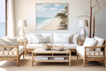 Coastal Ambiance: Bamboo Furniture Living Room Ideas with White Sofa and Rattan Rug in Serene Beach-inspired Design