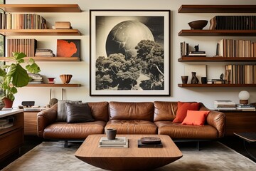 Mid-Century Chic: Sunken Room with Leather Sofa, Wooden Shelf, and Art Wall