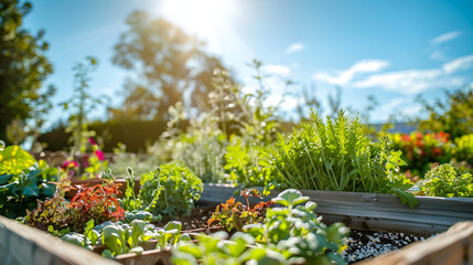 a raised bed vegetable garden on a sunny blue sky day