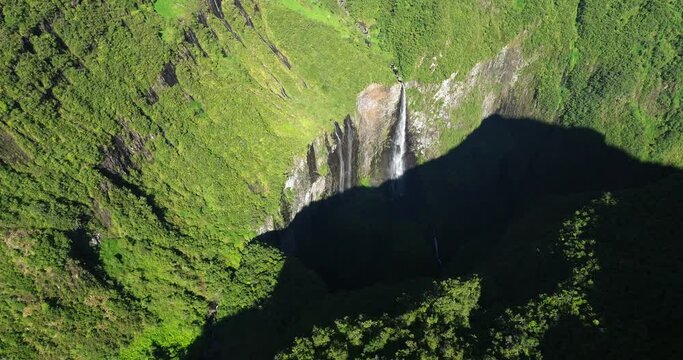 Trou de Fer waterfalls iconic location in Reunion island, aerial view by drone