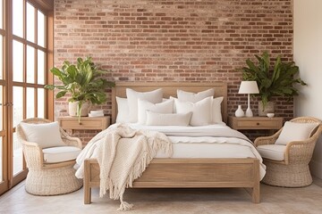 Sandy Tones in Coastal Freshness: Exposed Brick Wall Interiors with a Brick Bed Frame in Beachside Morning