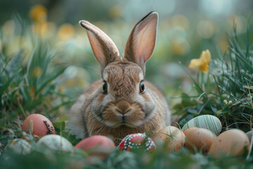 Fototapeta na wymiar Easter Bunny Guarding Decorated Eggs in Spring Garden