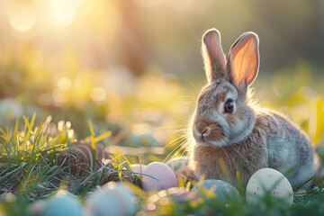 Fototapeta na wymiar Easter Bunny Amidst Painted Eggs in Sunny Meadow