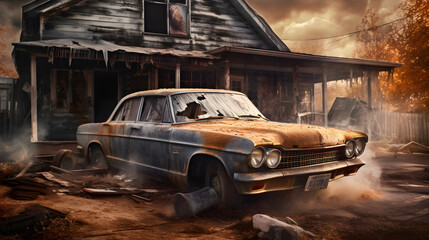 a car passes along the side of a decaying house - obrazy, fototapety, plakaty