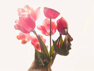 Double exposure female head silhouette in profile and abstract floral spring background on white.