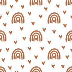 Seamless pattern with brown hearts and rainbows