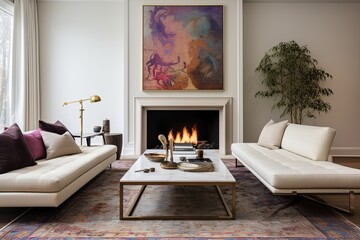 Modern Oriental Rug and Scandinavian Sofa in Art Deco Inspired Contemporary Room with Fireplace