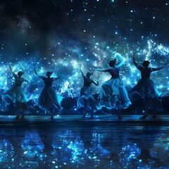 Beneath a canopy of starlight, on the shores of a luminous, crystalline lake, a congregation of elemental spirits gathers in celebration of World International Dance Day - obrazy, fototapety, plakaty