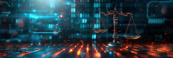 Duality of Law, Scales of Justice Superimposed on a Background of Data Center, Signifying the Intersection of Judiciary, Jurisprudence, and Justice with Data in the Modern World.