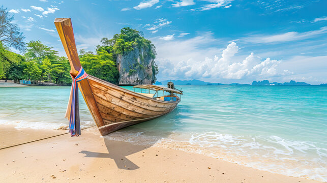 Traditional Wooden Boat Anchored on a Pristine Tropical Beach with Crystal Clear Water in Thailand. Summer holidays travel concept