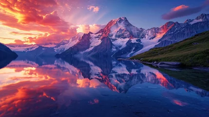 Tuinposter Reflectie A majestic mountain landscape at sunset, snow-capped peaks, a crystal-clear lake reflecting the vibrant sky, serene nature. Resplendent.
