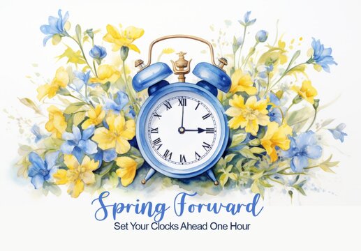 Daylight saving time begins banner. Spring forward reminder card with alarm clock and birds with blossoming flowers. Text Set your clocks one hour ahead. Illustration in vintage watercolor style