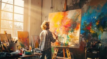 An artist painting in a sunlit studio, canvas filled with vibrant colors, capturing the creative process. Resplendent.