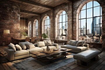 Upscale Living Bliss: Exposed Brick Wall Interiors in Luxury Penthouse with City Views - obrazy, fototapety, plakaty