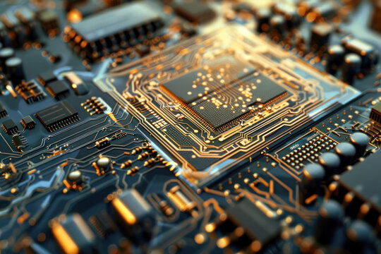 Background with processor computer chip on a circuit board with microchips.
