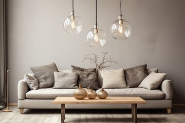 Nordic Vibes: Glass Coffee Table Centerpiece in Cozy Minimalist Room with Pendant Lights and Comfy Sofa