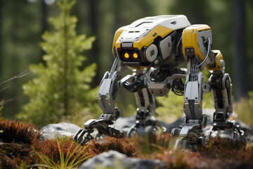 Futuristic quadruped robot walking outdoor