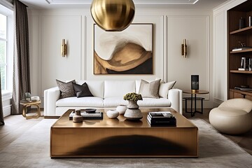 Golden Accent Modern Light Fixture & Wooden Coffee Table in Chic Living Room