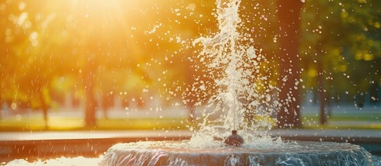 A fountain in a park is spewing water on a sunny day, creating a refreshing and blissful scene.