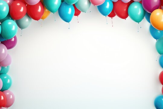 Colorful balloons with strings forming a border around the text area