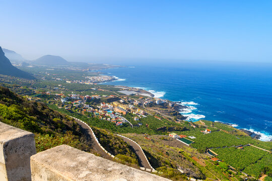 View from a highway overlook of the Northern Coast near Garachico, on the Canary island of Tenerife, Spain, showing, San Pedro de Daute, Las Cruces and Casa Amarilla, Spain.