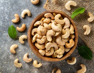 Cashew kerne in einer Holzsch&uuml;ssel draufsicht