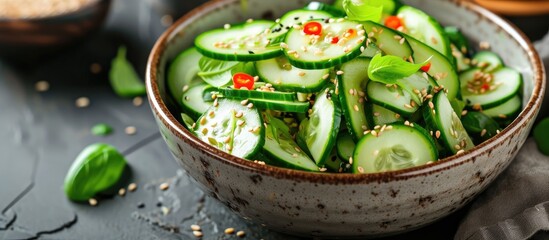 A ceramic bowl filled with freshly sliced cucumbers, topped generously with nutritious sesame seeds. The vibrant green cucumbers provide a crisp texture complemented by the nutty flavor of the sesame - obrazy, fototapety, plakaty
