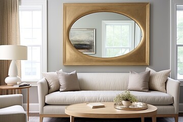 Golden Frame Mirror Elegance in a Contemporary Minimalist Living Room with Wood Furniture