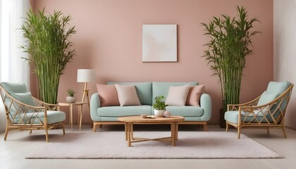Zen interior with potted bamboo plant, natural interior design concept, colored contemporary living room, pastel colors, sofa, armchair, carpet, coffee tables, interior design idea