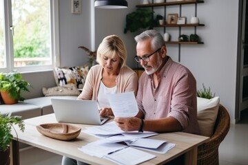 Senior couple using laptop for online banking, managing household finances at kitchen table