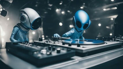 dj in action _A cool space alien dj, at a DJ turntable with a blue and silver color scheme and a rocket shape.  