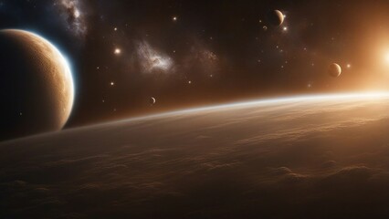earth and sun _A space view of a wide panel of outer space, showing many different stars, planets, and cloud formations 