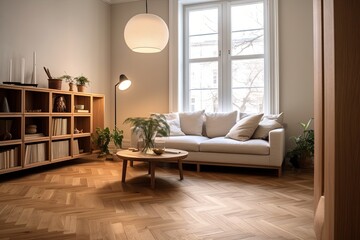 Herringbone Wooden Floor Chic: Cozy Living Room with Pendant Light Ambiance