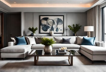 Modern living room featuring Transitional interior design with stylish sofa, wall, table, and beautiful decor